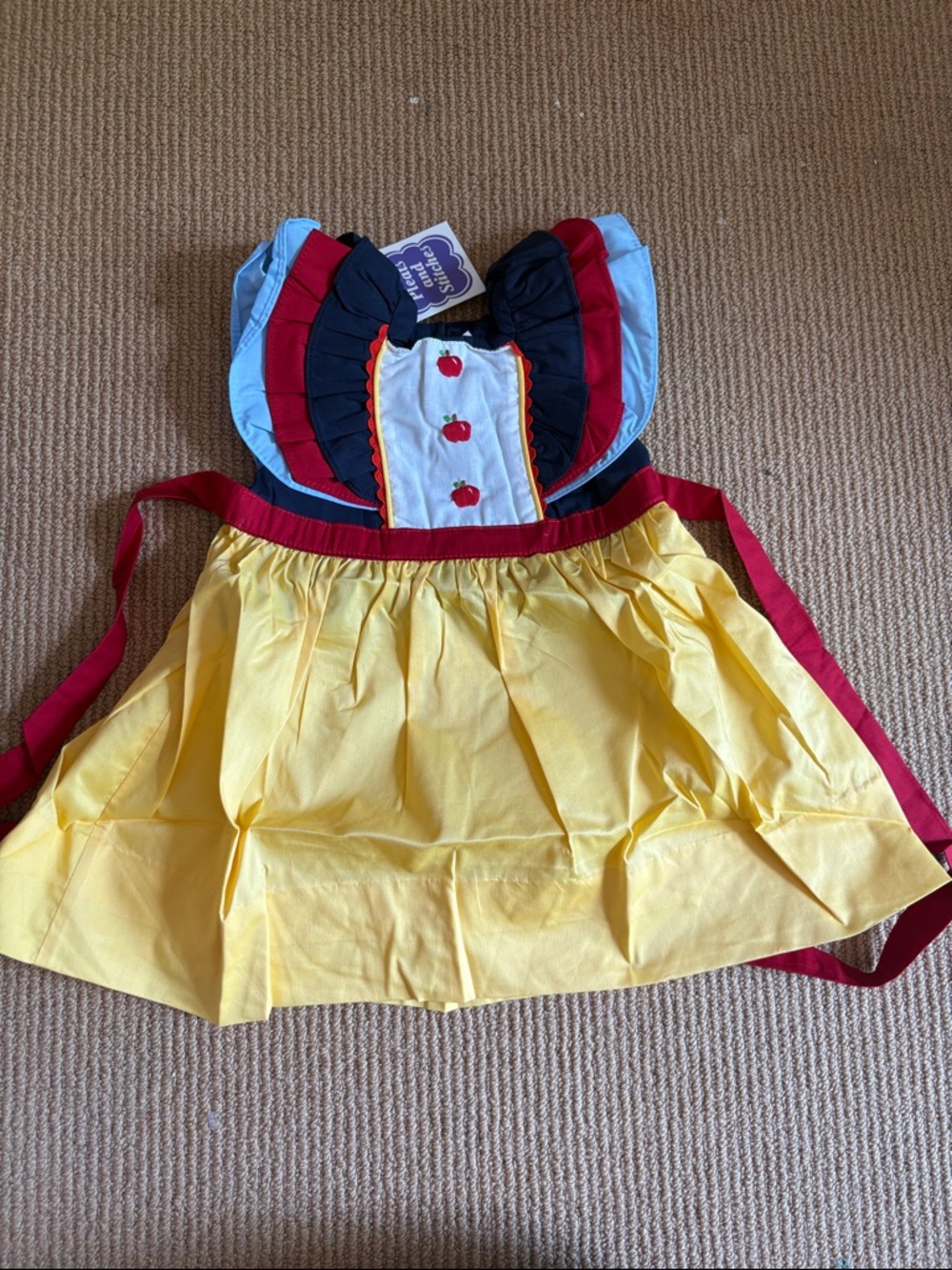 SNOW WHITE DRESS.  Girls Yellow & Red Ruffle Dress with Apple Detail